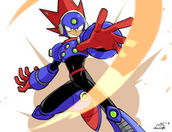 Rule 34 | 1boy, android, arm up, armor, black bodysuit, blast man, blue armor, blue headwear, bodysuit, breastplate, clenched hand, commentary request, covered navel, evil smile, explosion, foot out of frame, gloves, helmet, joints, male focus, mega man (classic), mega man (series), mega man 11, outstretched arm, red eyes, red gloves, robot, robot ears, robot joints, shoulder armor, simple background, smile, solo, solo focus, teeth, vambraces, wenyu, white background