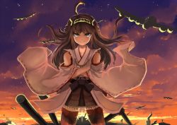 Rule 34 | 10s, 1girl, ahoge, aircraft, airplane, bare shoulders, blue eyes, braid, brown hair, crossed arms, double bun, grin, gunbuster pose, headband, japanese clothes, kantai collection, kongou (kancolle), long hair, mecha musume, miko, nontraditional miko, personification, pleated skirt, shirorin (ballet girl&#039;s), skirt, smile, solo, sunset, thighhighs, wide sleeves