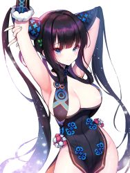 Rule 34 | 1girl, arm behind head, armpits, arms up, black dress, black hair, blue eyes, blunt bangs, blush, breasts, china dress, chinese clothes, cleavage, dress, fate/grand order, fate (series), hair ornament, highres, kyundoo, large breasts, leaf hair ornament, long hair, looking at viewer, sidelocks, smile, solo, twintails, yang guifei (fate), yang guifei (second ascension) (fate)