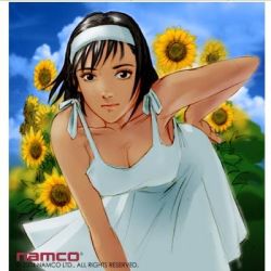 Rule 34 | 1girl, bent over, black hair, breasts, cleavage, dress, flower, headband, kazama jun, large breasts, lowres, mature female, namco, official art, short hair, sunflower, tekken, tekken 2, tekken tag tournament