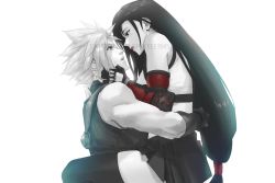 Rule 34 | 1boy, 1girl, bare shoulders, black hair, black skirt, blue eyes, cloud strife, couple, crop top, earrings, final fantasy, final fantasy vii, final fantasy vii remake, fingerless gloves, gloves, hands on another&#039;s face, highres, hug, jewelry, long hair, looking at another, low-tied long hair, open mouth, red eyes, skirt, sleeveless, sleeveless turtleneck, spiked hair, spykeee, square enix, suspender skirt, suspenders, tank top, thighhighs, tifa lockhart, turtleneck, twitter username, watermark, white background, white tank top, zettai ryouiki