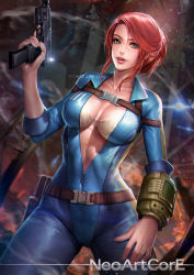 Rule 34 | 1girl, belt, bra, breasts, buckle, cleavage, fallout (series), fallout 3, fallout 4, green eyes, gun, large breasts, lips, lone wanderer, machine pistol, neoartcore, parted lips, pip boy, red hair, smile, snap-fit buckle, sole survivor (female), solo, underwear, unzipped, updo, vault suit, watermark, weapon