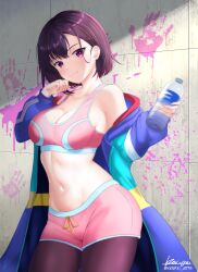 Rule 34 | 1girl, blue jacket, bottle, breasts, closed mouth, collarbone, commentary, english commentary, green jacket, hair ornament, hairclip, hands up, highres, holding, holding bottle, jacket, ken-pai (kenpai arts), leggings, leggings under shorts, long hair, long sleeves, medium breasts, mikazuki shizuka, multicolored clothes, multicolored jacket, navel, off shoulder, open clothes, open jacket, paid reward available, paint splatter, pink eyes, pink shorts, pink sports bra, purple hair, purple leggings, red jacket, short hair, shorts, signature, smile, solo, sports bra, twitter username, variant set, yellow jacket, zom 100: zombie ni naru made ni shitai 100 no koto