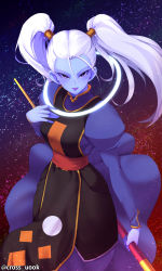 Rule 34 | 10s, 1girl, absurdres, artist name, blue lips, blue skin, colored skin, cowboy shot, cross uook, dragon ball, dragon ball super, hair between eyes, hair tie, hand on own chest, highres, holding, holding staff, lipstick, long hair, long sleeves, looking at viewer, makeup, marcarita (dragon ball), night, night sky, open mouth, puffy long sleeves, puffy sleeves, purple eyes, sash, sky, solo, staff, star (sky), starry sky, tabard, text focus, turtleneck, twintails, twitter username, watermark, white hair