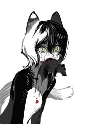 Rule 34 | 1girl, animal ears, blood, blood on body, blood on face, body fur, breasts, cat ears, cat girl, cat tail, commentary, dungeon meshi, english commentary, hair between eyes, highres, hunting, izutsumi, looking at viewer, monochrome, mouse (animal), mouth hold, nude, short hair, simple background, slit pupils, small breasts, solo, spot color, sumooo (ga ilil), tail, upper body, wet, wet hair, yellow eyes