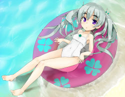 Rule 34 | 10s, 1girl, :o, alternate hairstyle, barefoot, chaika trabant, covered navel, eyebrows, hitsugi no chaika, innertube, long hair, one-piece swimsuit, purple eyes, silver hair, swim ring, swimsuit, to kichiro, twintails, white one-piece swimsuit