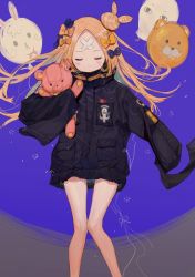 Rule 34 | 1girl, abigail williams (fate), abigail williams (traveling outfit) (fate), bare legs, black bow, black jacket, blonde hair, blush, bow, closed eyes, closed mouth, facial mark, facing viewer, fate/grand order, fate (series), feet out of frame, floating hair, forehead mark, fou (fate), ghost, hair bow, heroic spirit traveling outfit, highres, jacket, long hair, long sleeves, medjed (fate), official alternate costume, orange bow, parted bangs, purple background, rabbit, rosette (yankaixuan), sleeves past fingers, sleeves past wrists, solo, stuffed animal, stuffed toy, teddy bear