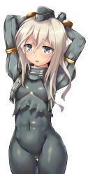 Rule 34 | 10s, 1girl, absurdres, armadillo-tokage, armlet, arms up, bad id, bad twitter id, blonde hair, blue eyes, blush, breasts, groin, hair between eyes, highres, jacket, jewelry, kantai collection, long hair, long sleeves, midriff, neck ring, open clothes, open jacket, parted lips, puffy long sleeves, puffy sleeves, simple background, skin tight, small breasts, solo, tears, teeth, thigh gap, u-511 (kancolle), white background