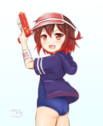 Rule 34 | 1girl, blue jacket, blue one-piece swimsuit, brown hair, crescent, gradient hair, hood, hooded jacket, jacket, kantai collection, multicolored hair, mutsuki (kancolle), mutsuki kai ni (kancolle), one-hour drawing challenge, one-piece swimsuit, red eyes, red hair, school swimsuit, short hair, signature, simple background, smile, solo, swimsuit, visor cap, water gun, white background, zanne