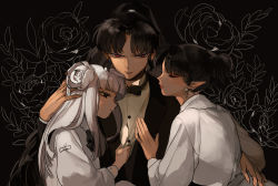 Rule 34 | 1boy, 2girls, alternate costume, back, black background, black bow, black bowtie, black hair, black jacket, blunt bangs, bow, bowtie, closed mouth, clothes grab, collared shirt, contemporary, dress shirt, earrings, empty eyes, eyebrows, eyelashes, floral background, flower, formal, hair flower, hair ornament, hand on another&#039;s back, hand on another&#039;s chest, hand on another&#039;s head, hug, inuyasha, jacket, jewelry, kagura (inuyasha), kanna (inuyasha), long hair, long sleeves, makeup, multiple girls, mumu2126, naraku, no pupils, parted bangs, pointy ears, ponytail, profile, red eyes, red lips, sandwiched, shirt, sketch, suit, traditional bowtie, upper body, white hair