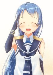 Rule 34 | 1girl, armpits, blue gloves, blue hair, blue neckerchief, blush, closed eyes, commentary request, elbow gloves, gloves, gradient background, kantai collection, light particles, long hair, looking at viewer, mae (maesanpicture), neckerchief, open mouth, sailor collar, salute, samidare (kancolle), school uniform, serafuku, shirt, simple background, sleeveless, smile, solo, swept bangs, very long hair, white shirt