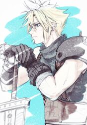 Rule 34 | 1boy, armor, black gloves, blonde hair, blue eyes, blue sweater, buster sword, closed mouth, cloud strife, commentary, earrings, final fantasy, final fantasy vii, final fantasy vii rebirth, final fantasy vii remake, gloves, hair between eyes, hand on hilt, highres, holding, holding sword, holding weapon, jewelry, male focus, profile, short hair, shoulder armor, single bare shoulder, sleeveless, sleeveless turtleneck, solo, spiked hair, stud earrings, sweater, sword, turtleneck, turtleneck sweater, uimooo1, upper body, weapon