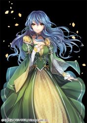 Rule 34 | 1girl, blue hair, copyright name, dress, green dress, green eyes, hand on own chest, looking at viewer, official art, petals, sid story, sila (carpen), smile, solo