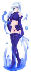 Rule 34 | 1girl, blue eyes, blue footwear, blue panties, blush, boots, breasts, corruption, crop top, dark persona, detached sleeves, full body, grin, high heel boots, high heels, highres, large breasts, long sleeves, looking at viewer, monster girl, navel, original, panties, parted lips, pubic tattoo, rethnick, short hair, side ponytail, silver hair, simple background, slime (substance), slime girl, smile, solo, tattoo, teeth, tentacles, thigh boots, thighhighs, underwear, white background