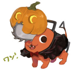 Rule 34 | alternate costume, black cape, bow, bowtie, cape, chainsaw, chainsaw man, commentary request, fangs, halloween, halloween costume, handle, jack-o&#039;-lantern, no humans, open mouth, oto1 030, pochita (chainsaw man), pumpkin, red bow, red bowtie, simple background, solo, tail, white background