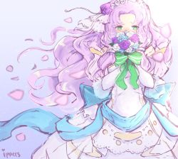 Rule 34 | 1girl, bare shoulders, blush, bouquet, bridal veil, bride, carrying, dress, elbow gloves, fire emblem, fire emblem: the blazing blade, fire emblem heroes, florina (fire emblem), flower, formal, gloves, green eyes, ippers, jewelry, long hair, looking at viewer, nintendo, princess carry, purple hair, rose, simple background, strapless, strapless dress, veil, wedding dress, white dress, white gloves