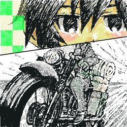 Rule 34 | 00s, 1girl, androgynous, artist request, black eyes, black hair, expressionless, hermes (kino no tabi), kino (kino no tabi), kino no tabi, lowres, short hair, sky, solo, tagme, vehicle