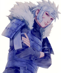 Rule 34 | 1boy, closed mouth, commentary, cowboy shot, crossed arms, english commentary, facial mark, forehead protector, fur collar, fur trim, long sleeves, male focus, naruto, naruto (series), red eyes, senju tobirama, short hair, simple background, solo, spiked hair, subuta (butabutasubuta), white background, white hair