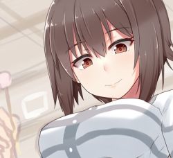 Rule 34 | 10s, 1girl, breasts, brown eyes, brown hair, casual, closed mouth, commentary request, girls und panzer, grey shirt, kitayama miuki, large breasts, looking at viewer, lowres, nishizumi maho, portrait, shirt, short hair, smile, solo, striped clothes, striped shirt