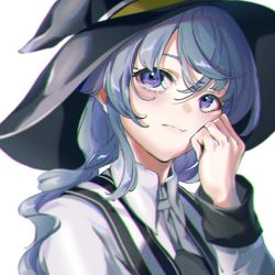 Rule 34 | 1girl, absurdres, black hat, blue hair, closed mouth, collared shirt, hair between eyes, hat, highres, long hair, long sleeves, mushoku tensei, natsume hinako, portrait, purple eyes, roxy migurdia, shirt, smile, solo, white background, white shirt, wing collar, witch, witch hat