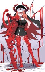 Rule 34 | 1girl, absurdres, armor, black dress, blade, blood, boots, breasts, crack, cracked floor, cracked wall, demon horns, dress, full body, gloves, hat, highres, holding, horns, kokonotsunbai, long hair, looking at viewer, original, red eyes, red hair, red horns, sharp teeth, simple background, sleeveless, smile, solo, standing, sword, teeth, thighhighs, weapon