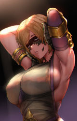 Rule 34 | 1girl, absurdres, armlet, armpits, arms behind head, arms up, au ra, black background, blonde hair, breasts, collarbone, covered erect nipples, elbow gloves, final fantasy, final fantasy xiv, gloves, gradient background, highres, horns, housou-kun, huge filesize, large breasts, looking at viewer, mask, muscular, muscular female, original, parted lips, purple background, purple eyes, short hair, sweat, toned, upper body, warrior of light (ff14)