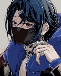 Rule 34 | 1boy, alcryst (fire emblem), blue hair, choker, covered mouth, earrings, fire emblem, fire emblem engage, hair between eyes, hair ornament, hairclip, highres, hood, hoodie, jewelry, looking at viewer, mask, mouth mask, nintendo, piercing, red eyes, ring, short hair, solo, umi ( oneinchswing)