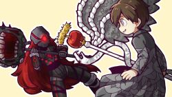 Rule 34 | 1boy, 1girl, apple, armor, blood, brown hair, coat, commentary request, employee (project moon), food, fruit, gebura (project moon), grey coat, hatake shimeji, holding, holding weapon, lobotomy corporation, long hair, long sleeves, mask, outline, project moon, red hair, ringed eyes, short hair, simple background, smile, spoilers, weapon, white eyes, white outline, yellow background