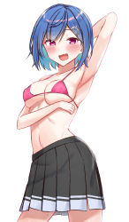 Rule 34 | 1girl, :d, absurdres, alternate breast size, arm behind head, arm up, armpits, bare arms, bare shoulders, bikini, bikini top only, black skirt, blue hair, blush, breasts, collarbone, dolphin hair ornament, fang, highres, large breasts, navel, nijisanji, nishizono chigusa, open mouth, pink bikini, pleated skirt, red eyes, short hair, simple background, skirt, smile, solo, standing, swimsuit, virtual youtuber, white background, yotsugi