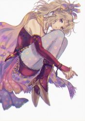 Rule 34 | 1girl, 234 (1234!), bad id, bad pixiv id, bare shoulders, beads, blonde hair, blue pantyhose, bracelet, cape, dagger, detached sleeves, dress, final fantasy, final fantasy vi, floral print, hair beads, hair ornament, high heels, jewelry, knife, long sleeves, necklace, open mouth, pantyhose, ponytail, print pantyhose, purple eyes, red dress, sheath, sheathed, short dress, sleeves past wrists, solo, strapless, strapless dress, tina branford, wavy hair, weapon