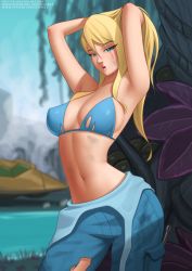 Rule 34 | 1girl, :o, aqua bikini, armpits, arms up, bikini, blonde hair, blue eyes, blurry, breasts, bruise, cleavage, commentary, covered erect nipples, day, deilan12, english commentary, hands in hair, highres, injury, large breasts, long hair, looking at viewer, metroid, navel, nintendo, outdoors, samus aran, smoke, solo, spacecraft, stomach, swimsuit, teeth, torn clothes, upper teeth only, watermark, web address, wrench