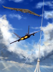 Rule 34 | ace combat, ace combat 7: skies unknown, afterburner, aircraft, airplane, bandai namco, blue sky, cloud, commentary request, contrail, day, drone, f-22, f-22 raptor, fas (ace combat), fighter jet, highres, jet, military, military vehicle, propeller, signature, sky, space elevator, thompson (solowingfh), unmanned aerial vehicle, unmanned combat aerial vehicle, vehicle focus