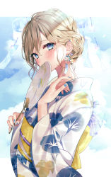 Rule 34 | 1girl, blue eyes, blue nails, blue sky, brown hair, cloud, cloudy sky, commentary request, covering own mouth, day, earrings, eyelashes, floral print, hand fan, hand up, head tilt, highres, holding, holding fan, japanese clothes, jewelry, kimono, long sleeves, mole, mole under eye, nail art, nail polish, obi, original, paper fan, sash, sky, solo, sweatdrop, uchiwa, upper body, white kimono, wide sleeves, yugirlpict, yukata