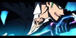 Rule 34 | 1boy, black suit, collared shirt, eye trail, fighting stance, formal, from side, green hair, holding, holding sword, holding weapon, light trail, long sideburns, looking to the side, male focus, official alternate costume, one piece, partially unbuttoned, pectoral cleavage, pectorals, roronoa zoro, shirt, short hair, sideburns, solo, suit, sword, taro (honyarara00), undershirt, weapon