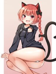 Rule 34 | 1girl, alternate costume, animal ears, barefoot, black bow, black hoodie, blush, bow, brown background, cat ears, cat girl, cat tail, commentary request, drawstring, extra ears, fang, floorbear, hair bow, highres, hood, hoodie, kaenbyou rin, long sleeves, looking at viewer, multiple tails, nekomata, open mouth, panties, red eyes, red hair, skin fang, solo, tail, thighs, touhou, two tails, underwear, white panties