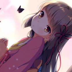Rule 34 | 1girl, backlighting, blush, brown hair, bug, butterfly, dutch angle, earrings, floral print, hair ribbon, hand on own thigh, hand on thigh, insect, japanese clothes, jewelry, kimono, long hair, mimura zaja, original, pursed lips, red ribbon, ribbon, solo, yellow eyes