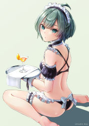 Rule 34 | 1girl, ahoge, akasaka asa, amana miu, apron, ass, back, bare legs, bare shoulders, barefoot, bikini, black bikini, breasts, bridal garter, choker, closed mouth, cocktail glass, commentary, cup, detached sleeves, drinking glass, frilled bikini, frilled choker, frilled sleeves, frills, green eyes, green hair, holding, keyhole panties, looking at viewer, looking back, maid, maid apron, maid bikini, maid headdress, short hair, sitting, small breasts, solo, swimsuit, tray, unconventional maid, waist apron, wariza, worldend syndrome, wrist cuffs