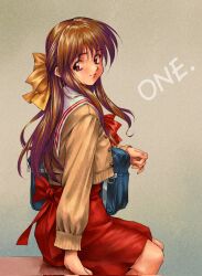 Rule 34 | 1990s (style), 1girl, arm at side, back bow, bag, bow, brown hair, brown jacket, closed mouth, commentary request, copyright name, cowboy shot, from side, grey background, hair between eyes, hair bow, half updo, high-waist skirt, highres, holding, holding bag, jacket, long hair, longmei er de tuzi, looking at viewer, looking back, nagamori mizuka, one - kagayaku kisetsu e, red bow, red eyes, red ribbon, red skirt, retro artstyle, ribbon, sailor collar, school uniform, shoulder bag, sitting, skirt, smile, solo, tareme, white sailor collar, yellow bow