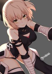 Rule 34 | 1girl, arm strap, artist name, bandaged arm, bandages, bare shoulders, bent over, black panties, black thighhighs, bow, breasts, cosplay, dutch angle, fate/apocrypha, fate (series), gloves, grey background, groin, hair bow, highres, hip focus, jack the ripper (fate/apocrypha), jack the ripper (fate/apocrypha) (cosplay), koha-ace, lio (rumei2265874644), looking at viewer, medium breasts, okita souji (fate), okita souji (koha-ace), panties, pink hair, simple background, solo, thighhighs, thighs, twitter username, underwear, yellow eyes