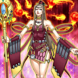 Rule 34 | 1girl, allure queen lv7, armpits, bare shoulders, brown hair, circlet, collar, collarbone, detached sleeves, dress, duel monster, female focus, fingernails, fire, green eyes, hat, holding, jewelry, legs, long fingernails, long hair, looking at viewer, nail polish, necklace, no bra, official art, outstretched arms, parted lips, pointy ears, red dress, red nails, ring, short dress, solo, sparkle, staff, standing, thigh gap, thighs, yu-gi-oh!, yu-gi-oh! duel monsters