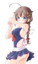 Rule 34 | 1girl, ahoge, alternate costume, armpits, arms up, ass, blue eyes, blush, braid, breasts, brown hair, closed mouth, commentary request, cowboy shot, from side, hair between eyes, hair flaps, hair ornament, hair ribbon, hairclip, highres, kantai collection, long hair, looking at viewer, medium breasts, meihemu, neckerchief, one-piece swimsuit, red neckerchief, ribbon, shigure (kancolle), shigure kai ni (kancolle), sideboob, simple background, single braid, solo, standing, swimsuit, white background