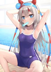 Rule 34 | 1girl, absurdres, animal ears, arms behind head, backlighting, bad anatomy, bad id, bad leg, bad pixiv id, bare arms, bare legs, bare shoulders, blue eyes, blue one-piece swimsuit, blush, collarbone, food, hairband, highres, horse ears, horse girl, horse tail, long hair, looking at viewer, mouth hold, mutenka (plfgb), one-piece swimsuit, pool, popsicle, silver hair, skindentation, solo, striped clothes, striped hairband, swimsuit, tail, tamamo cross (umamusume), thighs, umamusume