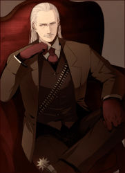 Rule 34 | 1boy, bandolier, brown background, coat, facial hair, gloves, gobeur, hand up, liquid ocelot, long hair, male focus, metal gear (series), metal gear solid, mustache, necktie, old, old man, revolver ocelot, sitting, smile, solo, spurs, trench coat, white hair