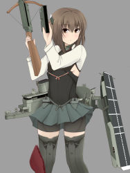 Rule 34 | 10s, 1girl, absurdres, bike shorts, bow (weapon), breasts, brown eyes, brown hair, cowboy shot, crossbow, flight deck, grey background, headgear, highres, kantai collection, long sleeves, looking at viewer, magazine (weapon), mecha musume, miniskirt, pleated skirt, shirubi (shiruvi v), sideboob, simple background, skirt, small breasts, solo, taihou (kancolle), thighhighs, weapon