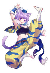 Rule 34 | 1girl, :3, :d, animal ear fluff, animal ears, armpits, bandaged leg, bandages, blue hair, blue headwear, blunt bangs, blush, bracer, breasts, cat ears, cat girl, cat tail, colored inner hair, commentary request, crop top, cropped jacket, fang, full body, highres, hololive, jacket, jewelry, large breasts, looking at viewer, matsumoto tomoyohi, midriff, multicolored hair, navel, necklace, nekomata okayu, open clothes, open jacket, open mouth, pants, puffy pants, purple eyes, purple hair, simple background, sleeveless, sleeveless jacket, smile, solo, tail, virtual youtuber, white background, yellow pants