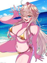 Rule 34 | 1girl, absurdres, alternate costume, beach, bikini, blonde hair, blue eyes, blue sky, breasts, commission, day, gold bikini, hair between eyes, highres, iowa (kancolle), kantai collection, large breasts, long hair, looking at viewer, navel, ocean, one eye closed, open mouth, outdoors, pixiv commission, side-tie bikini bottom, sidelocks, sky, smile, solo, star-shaped pupils, star (symbol), swimsuit, symbol-shaped pupils, very long hair, yoko hata