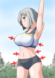 Rule 34 | 1girl, adapted costume, akashieru, arrow (symbol), blue eyes, blue sky, breasts, cloud, day, grey hair, grey shorts, hair ornament, hair over one eye, hairclip, hamakaze (kancolle), highres, kantai collection, large breasts, midriff, navel, one-hour drawing challenge, outdoors, short hair, short shorts, shorts, sky, solo, sports bra