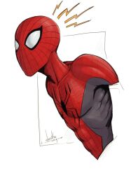 1boy black_bodysuit bodysuit devilhs male_focus marvel red_bodysuit red_mask signature simple_background solo spider-man spider-man_(series) superhero_costume two-tone_bodysuit white_background