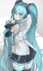 Rule 34 | 1girl, absurdres, aqua eyes, aqua hair, arched back, bare shoulders, black skirt, black sleeves, black thighhighs, breasts, closed mouth, collared shirt, commentary, cowboy shot, detached sleeves, double-parted bangs, from behind, frown, hair between eyes, hatsune miku, highres, holding own hair, kawasuru (15miclon), leaning forward, light blush, long hair, looking at viewer, looking back, medium breasts, pleated skirt, shirt, skirt, solo, split mouth, thighhighs, tsurime, twintails, very long hair, vocaloid, white shirt