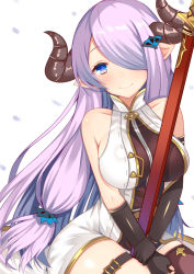 Rule 34 | 10s, 1girl, asymmetrical gloves, bare shoulders, black gloves, black thighhighs, blue eyes, braid, breasts, draph, dress, elbow gloves, fingerless gloves, gloves, granblue fantasy, hair over one eye, heart, heart-shaped pupils, highres, katana, large breasts, light purple hair, long hair, looking at viewer, low tied hair, nan (jyomyon), narmaya (granblue fantasy), pointy ears, sheath, sheathed, short dress, single braid, sitting, skindentation, sleeveless, sleeveless dress, smile, solo, sword, symbol-shaped pupils, thigh strap, thighhighs, uneven gloves, weapon